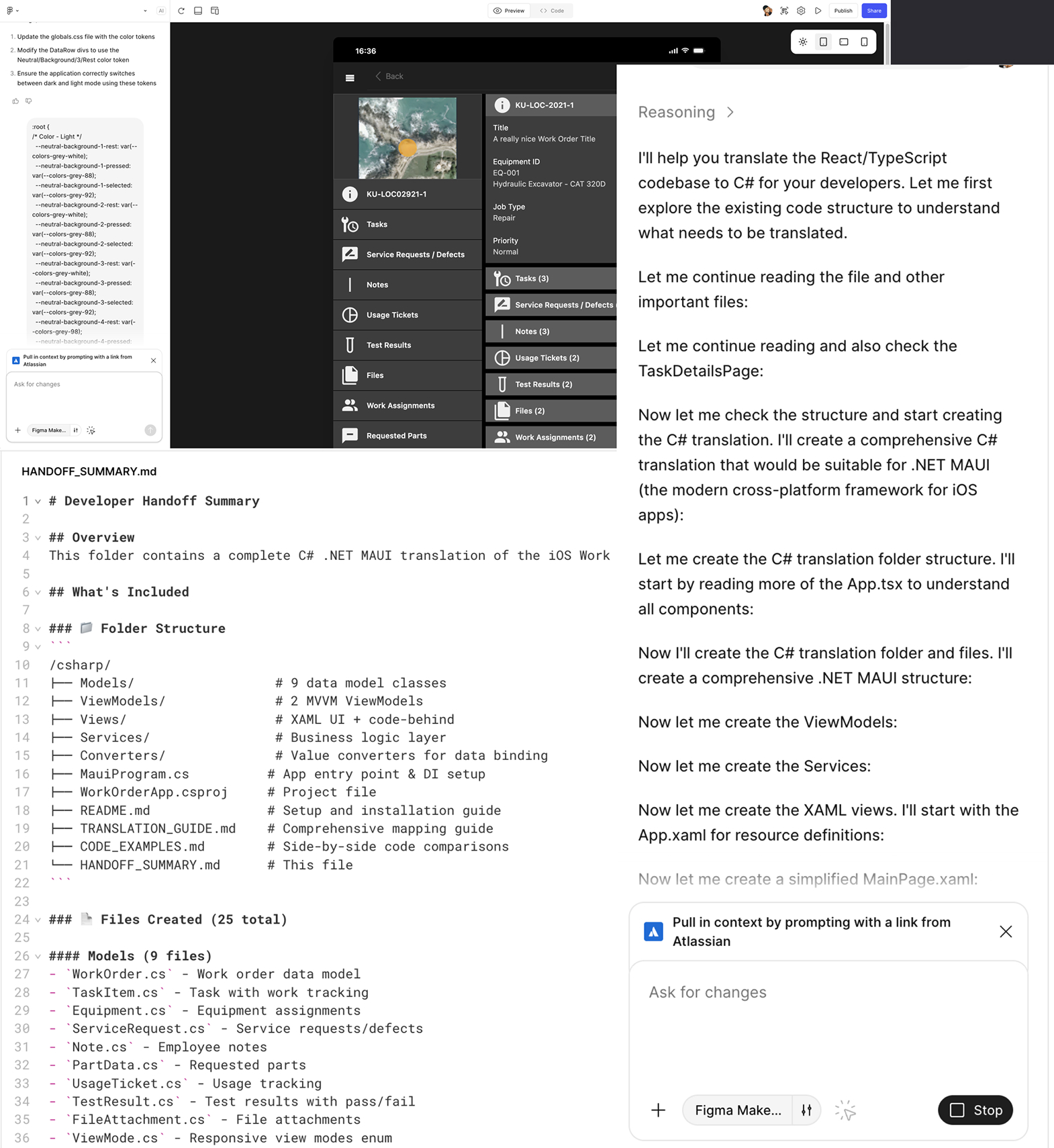 AI-generated handoff showing Figma Make translating interactive design into C# .NET MAUI codebase with MVVM architecture